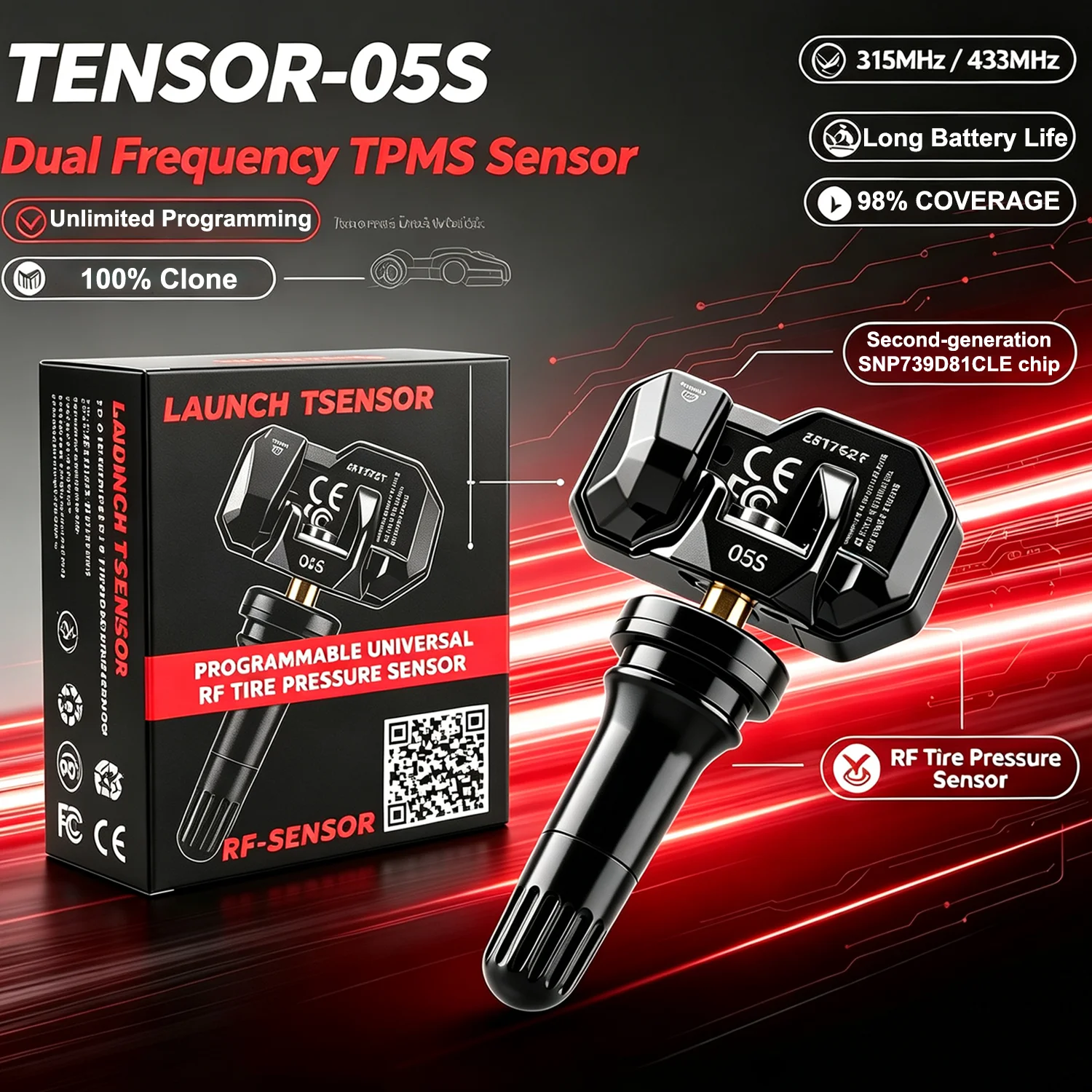 Фото Датчики LAUNCH X431 TSENSOR 05S (резиновые/металлические) 2-в-1, радиочастотные (RF) 315 МГц/433 МГц, для ремонта шин TPMS, совместимы с LAUNCH TSGUN I-TPMS №1