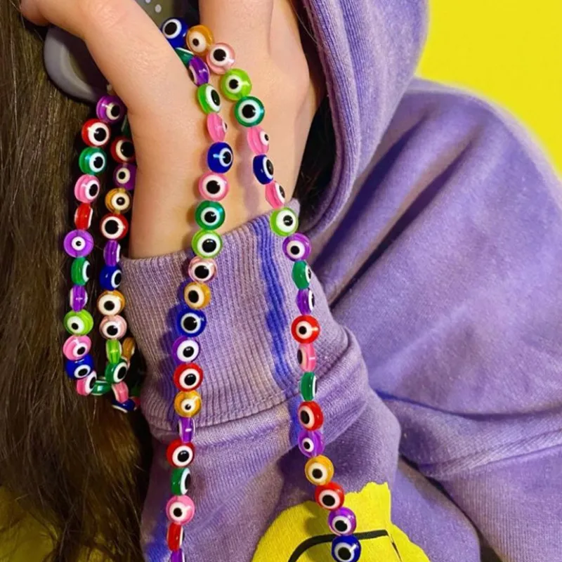 Lanière de téléphone portable en acrylique pour femmes  avec des yeux colorés  perles  étui de