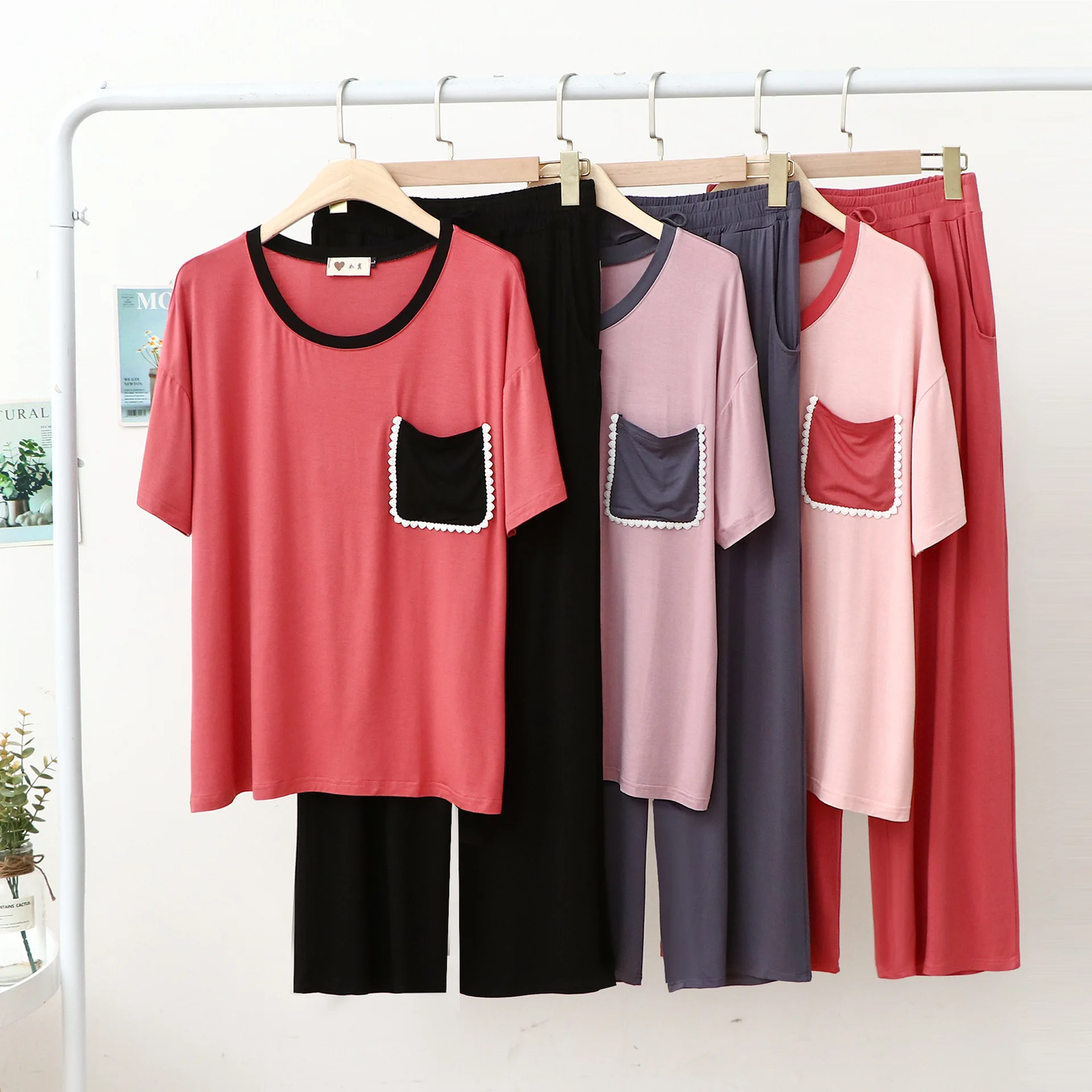 Modal Pajamas Set Women Home Wear Short Sleeve Trousers Contrasting Colors Round Neck Pocket Lace Show Temperament Leisure Suits