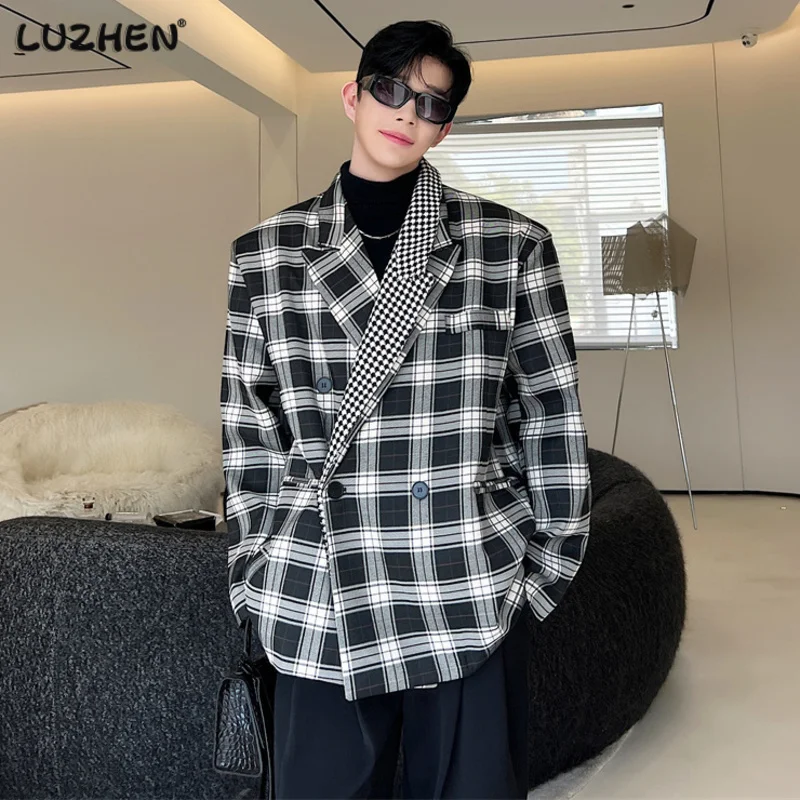 

Элегантные мужские блейзеры LUZHEN в Корейском стиле, нишевый дизайн с двойным вырезом, клетчатая контрастная цветная куртка большого размера 64ba37