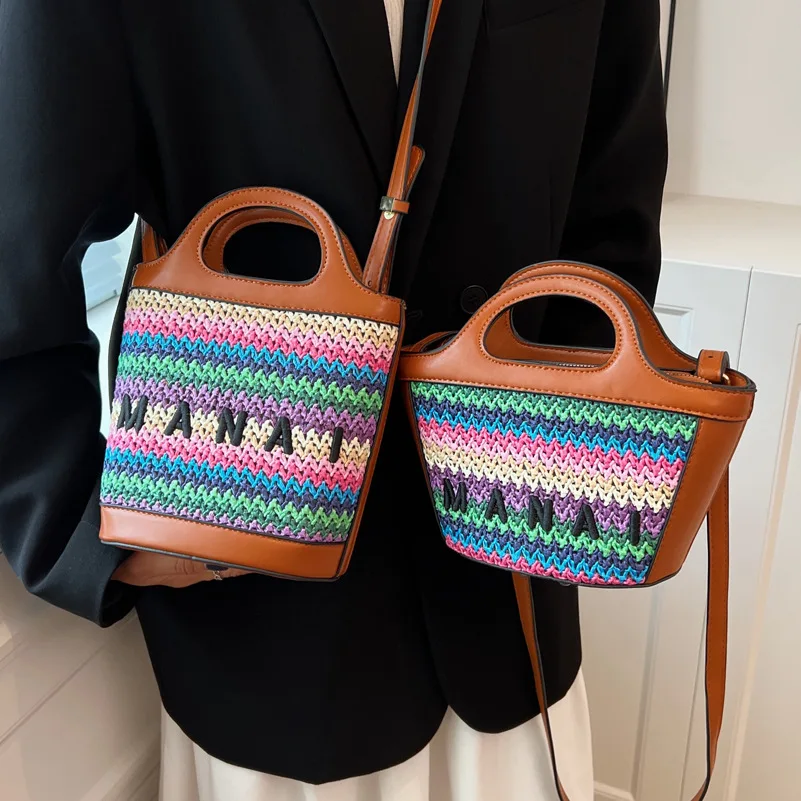 

Female Straw Shoulder Bag Shoppers Simple Fashion Zipper Bucket Handbags Summer Feeling Tote Women's Brand Crossbody Bags
