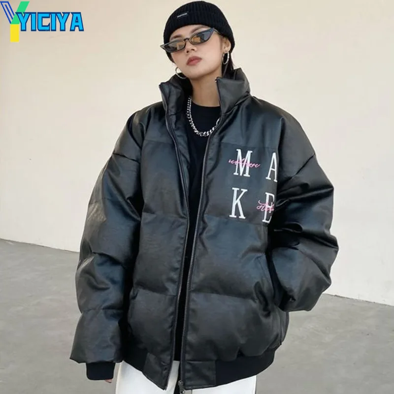 Juciy Apple Bomber Women Varsity PU Leather Jacket Black Thicken Down Coat Warm 2022 Winter Long Sleeves Jackets Bombers Coats