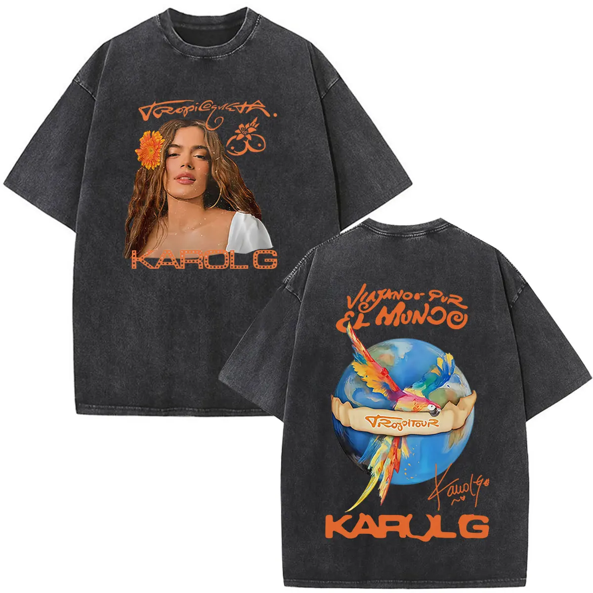 Фото Футболка Karol G Viajando Por El Mundo Tropitour 2026 с графическим принтом, модная, хлопковая, повседневная, винтажная, с эффектом потертости, для мужчин и женщин №3