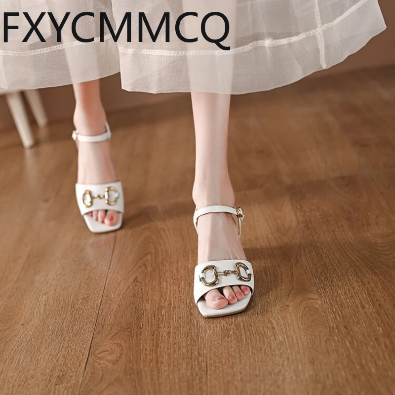 FXYCMMCQ 2023 Women's Summer New Leather Buckle Mid-heel Sandals Size 32-46 23-17A