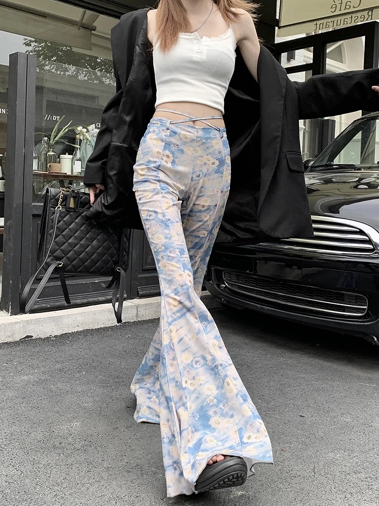 

Шифоновые расклешенные брюки с цветочным принтом для девочек Y2K, пикантные длинные брюки на шнуровке с низкой талией, женская уличная одежда, облегающие длинные брюки для женщин