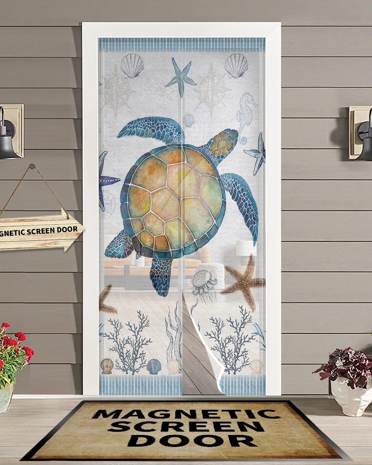 

Морская черепаха, синяя Морская звезда, ракушка, Современная Магнитная дверная занавеска от комаров, насекомых, летающая коровка, занавеска...