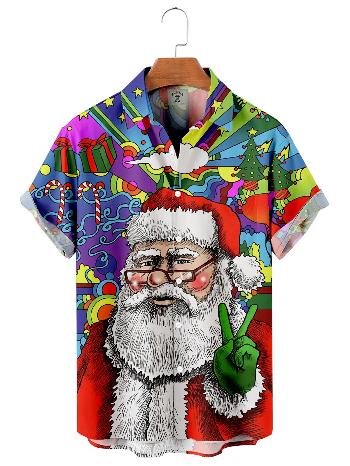 

Molilulu Men's Christmas Color Block Fun Santa Print Short Sleeve Shirt