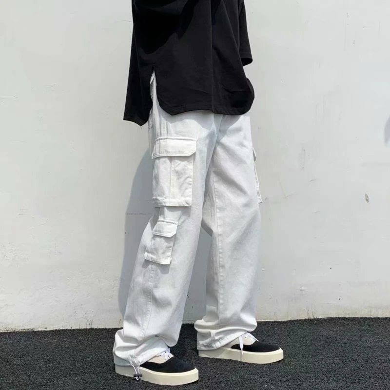 

Black/white Casual Pants Men's Fashion Loose Straight Wide Leg Pants Men Streetwear Hip-hop Pocket Cargo Pants Mens Trousers