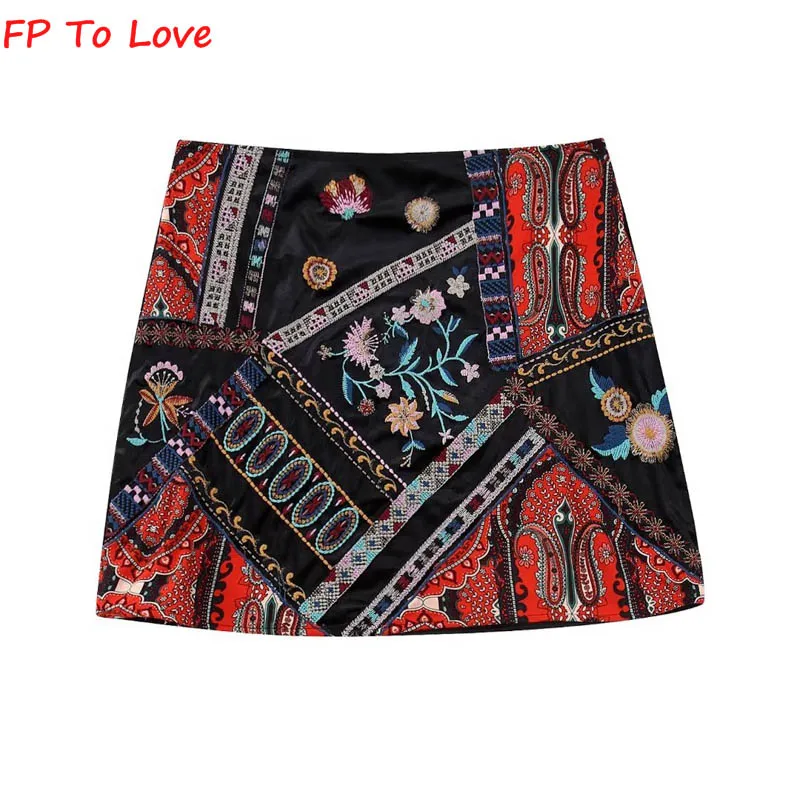 

India Folk Embroidered Mini Skirts Vintage Patchwork Bohemia Lined Stylish Bottom Zipper Woman Female 6895222