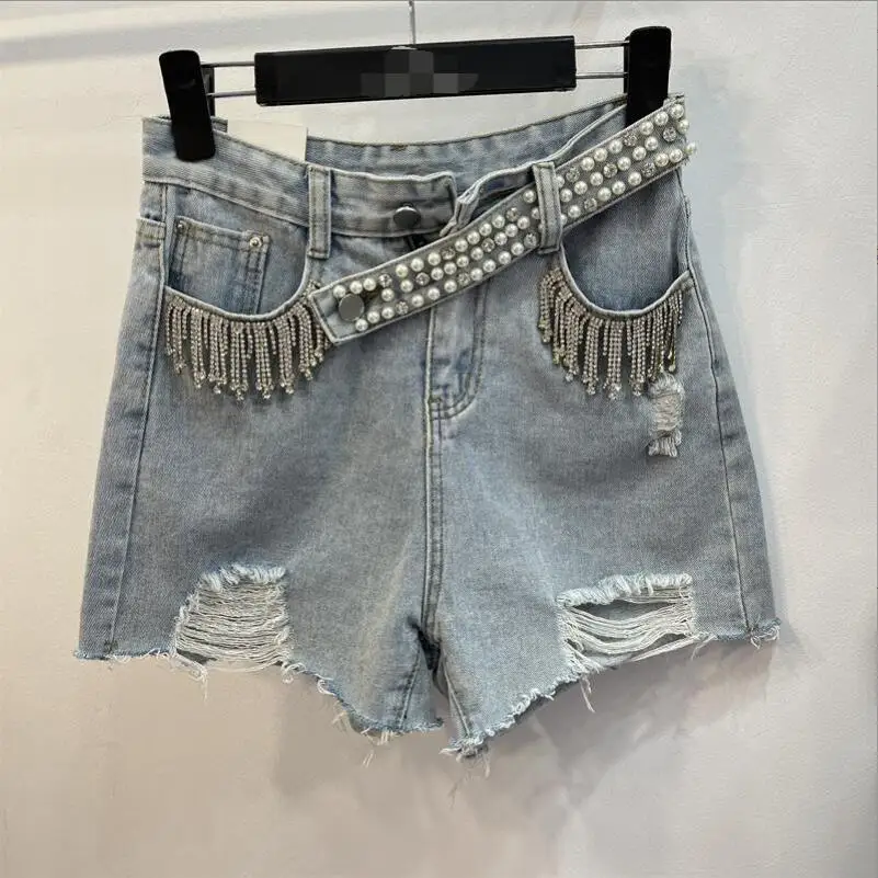

Diamond Tassel Denim Shorts For Women High Waist Casual Hole Jeans Short Female Fashion Clothing 2022 Shorts Jeans Feminino w267