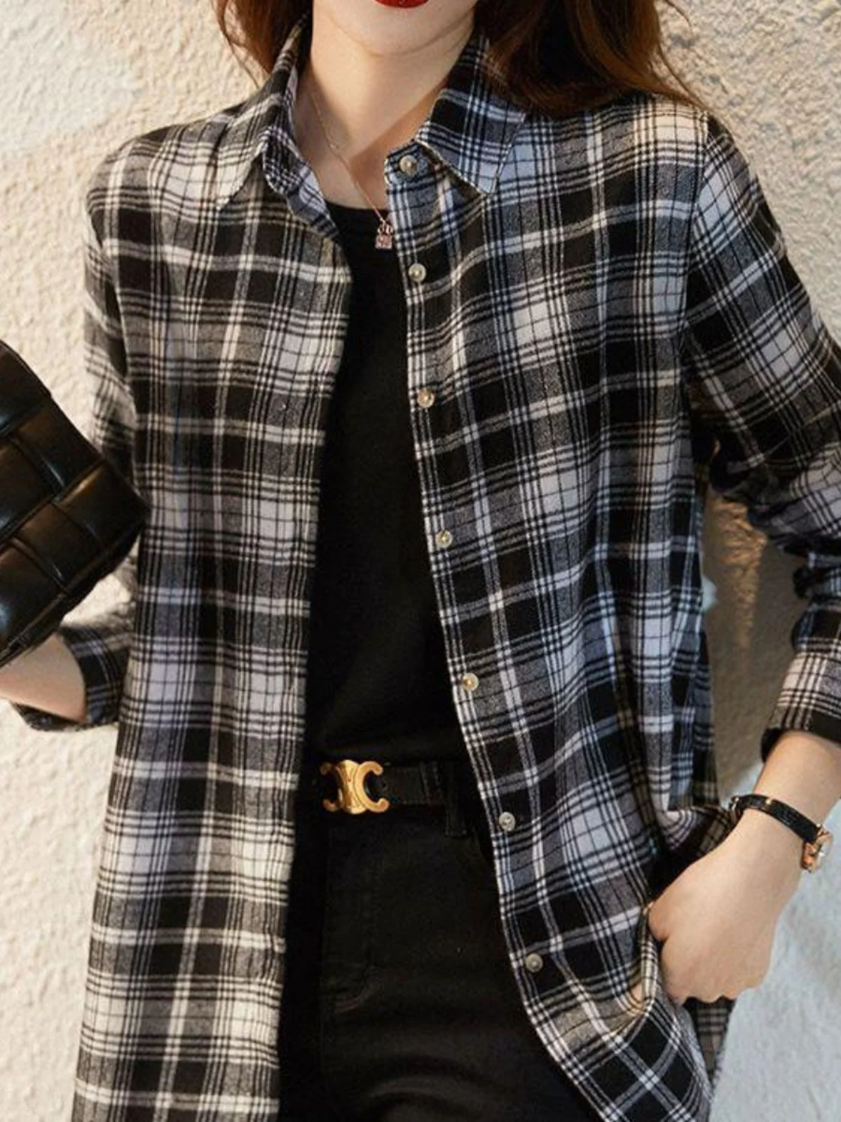 Fashion Light Luxury Sle Black and White Plaid Long sleeve Shirt Korean Series Atmosphere Sense Daily Good Match Fashionabl...