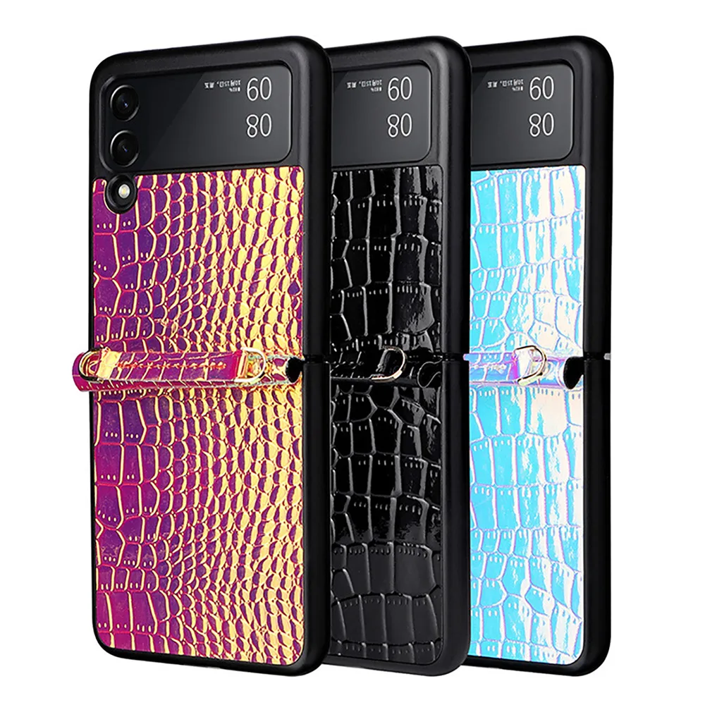 

Phone Case Mobile Phone Shell Pearlescent Pattern Hand Strap Protective Cover Leather Case for Samsung Z Flip 3
