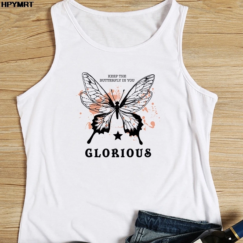 Майка женская Винтажная с принтом бабочки Модный повседневный топ без рукавов