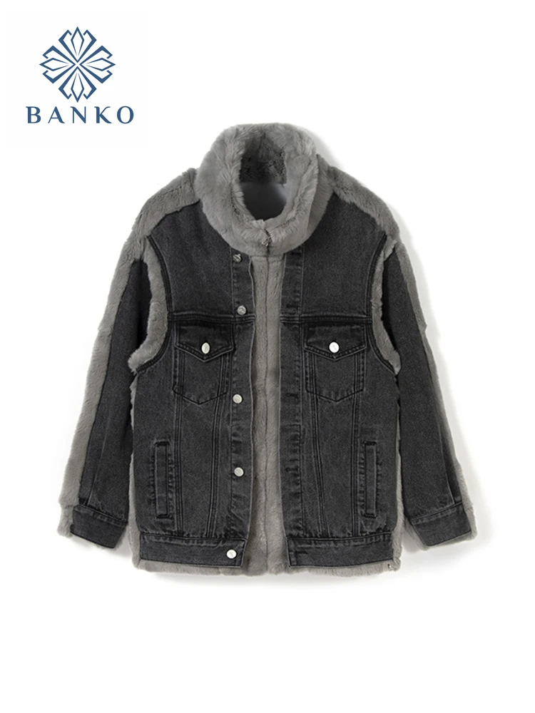 

2022 Autumn Winter Women New Turtleneck Patchwork Denim Design Jacket Coat Loose Long Sleeve Casual Plush Thick Female Outerwear