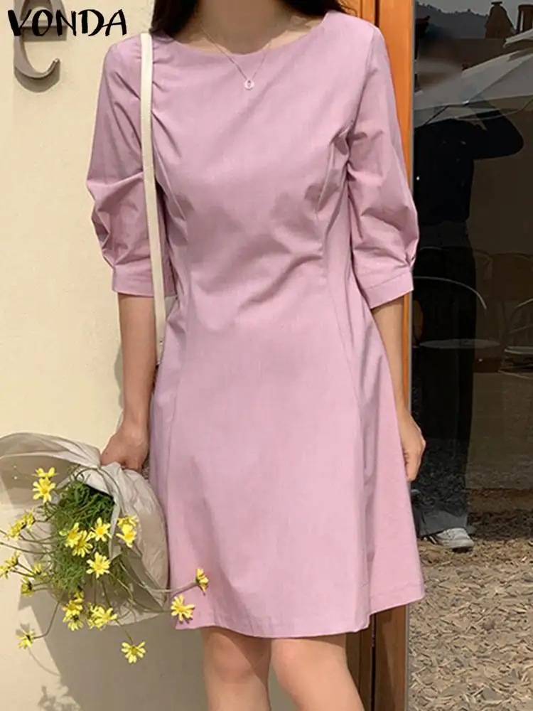

2023 летнее женское платье VONDA, сарафан, модное платье с круглым вырезом и рукавом до локтя, однотонное платье в богемном стиле, женские платья