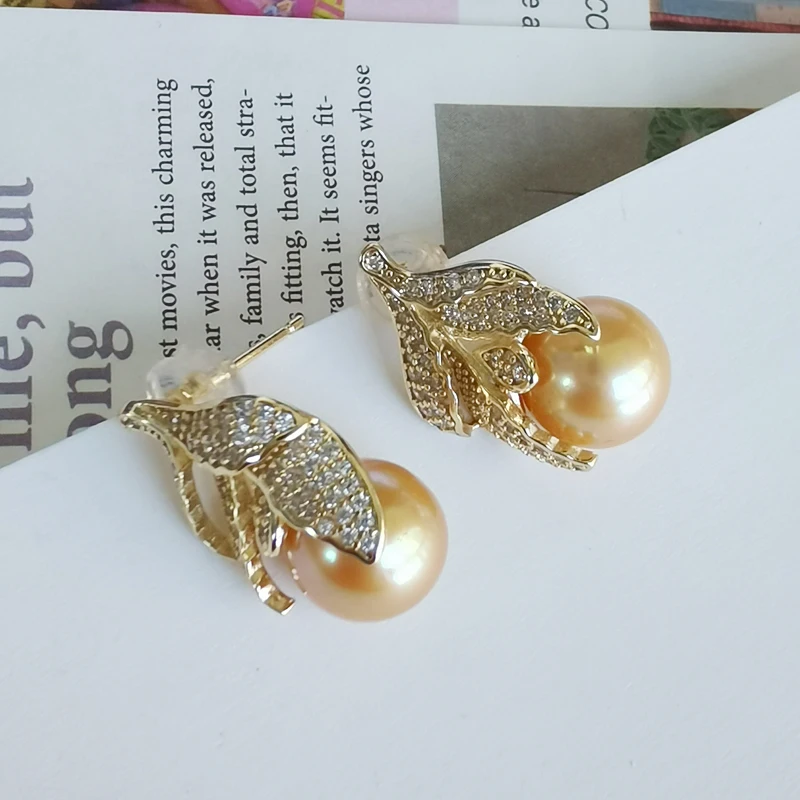 

MeiBaPJ Louxurious 925 Genuine Silver Natural Freshwater Pearl Golden Leaf Stud Earrings Fine Wedding Jewelry for Women