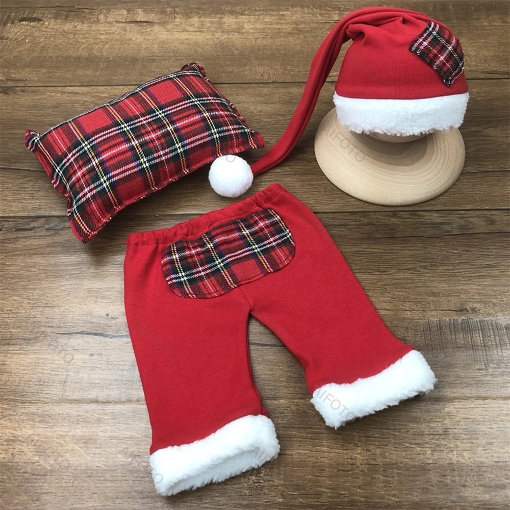 

Newborn Photography Red Clothing Christmas Hat Pants Pillow Baby Photo Props Accessories Costume Xmas Holiday Theme Fotografia