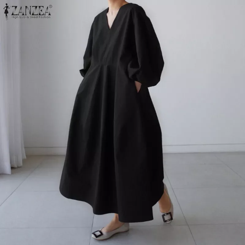 

Retro Solid Maxi Dress Women's Autumn Sundress ZANZEA 2022 Casual Puff Sleeve Baggy Vestidos Female V Neck Robe Oversized