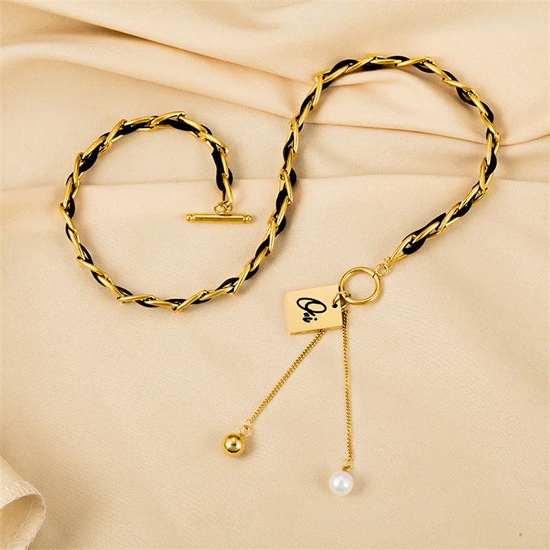 French Woven Stainless Steel Pendant Necklace Women Hip Hop Trend Luxury Leather Pearl Collarbone Chain Party Jewelry |