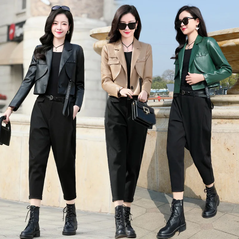 KoHuiJoo Washed Women Fashion PU Leather jacket Korean 2022 Spring Autumn Turndown-Collar Short Leather Coat Plus Size Office