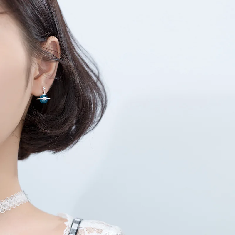 

Women's Korean-Style Silver Stud Earrings Fresh and Stylish Cute Blue Planet Sweet Starry Sky Ear Rings