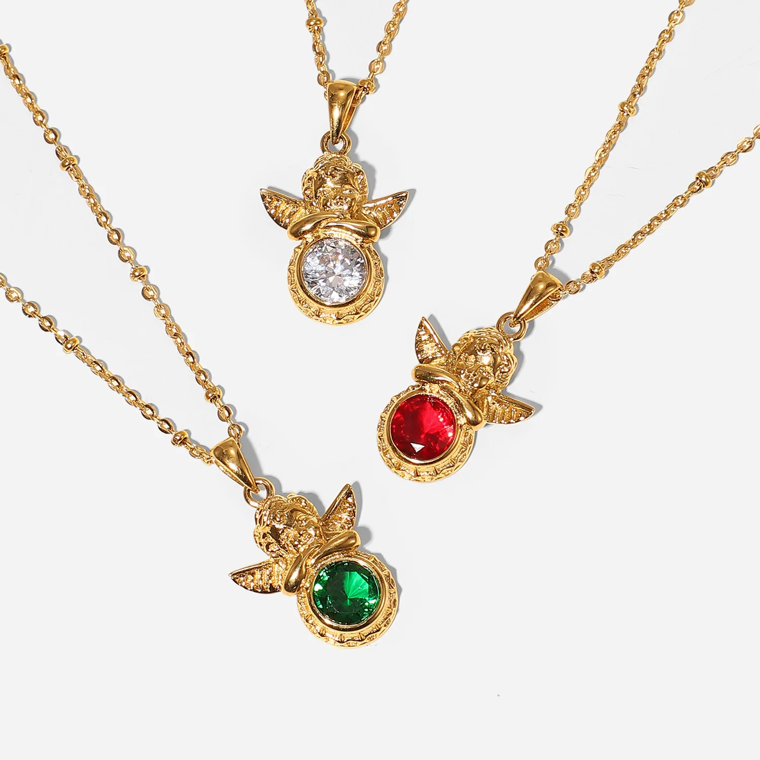 CARLIDANA Cute Red Charm Crystal Angel Pendant Necklace Choker Non Tarnish Jewelry Gold Color Stainless Steel Necklace for Women