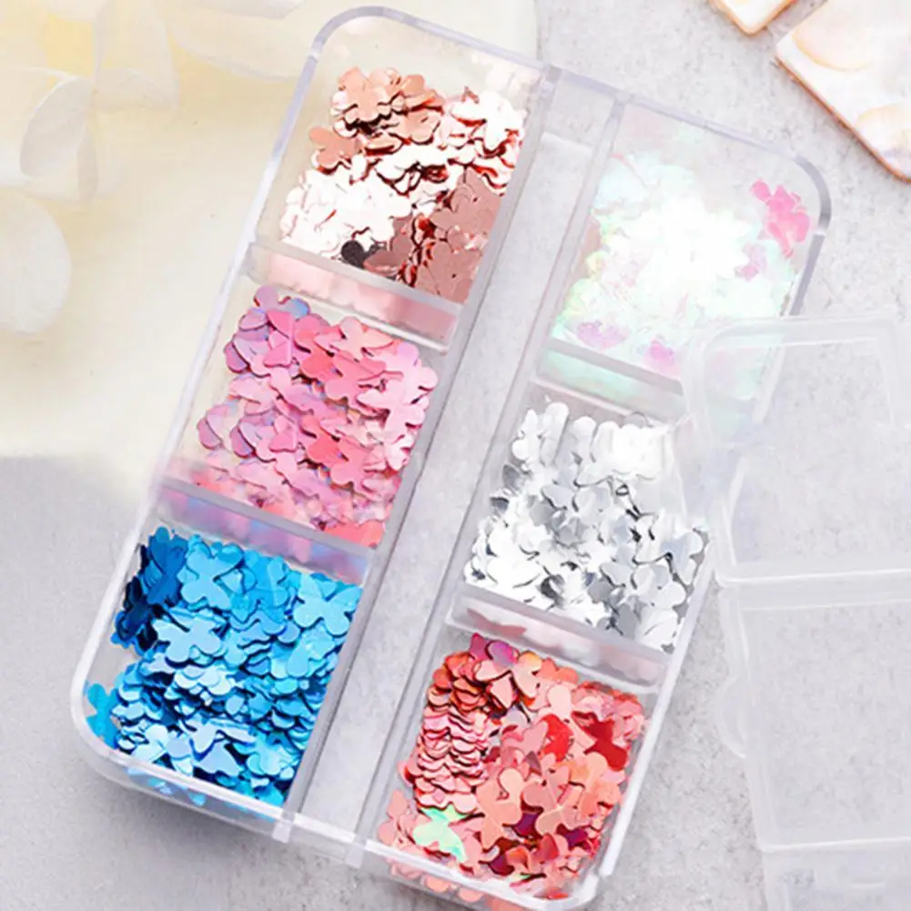 

Hot！6 Grids/Box Nail Sequins Thin Rounded Corners Lightweight Butterfly Nail Art Sequins for Women