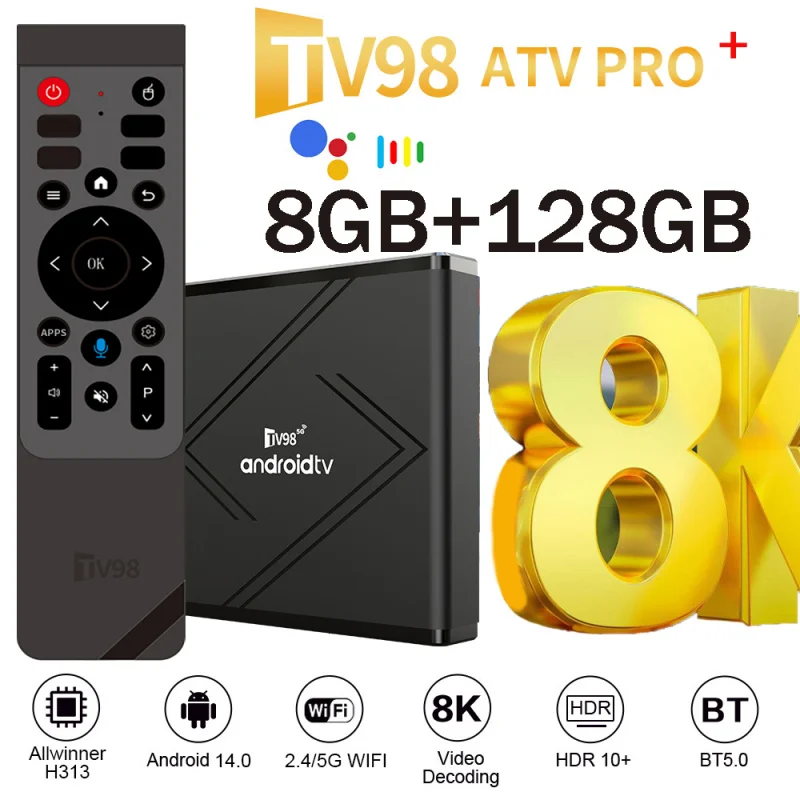 Фото Новый TV98 ATV Pro Plus TV Box Android 14, медиаплеер, 4G, 5G, двойной Wi-Fi6, 8K, 4K BT5.0, голосовой пульт дистанционного управления Allwinner H313, четырехъядерный процессор iptv №1