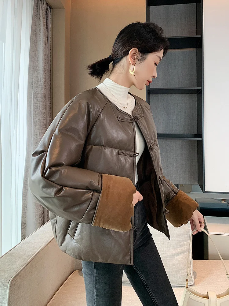 

Женский зимний пуховик из натуральной овечьей кожи, на 90% белом утином пуху