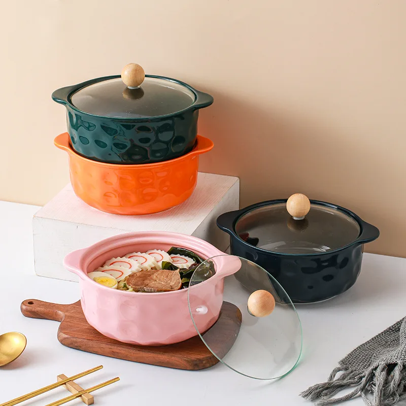 

Instant Bowl Binaural Ceramic Covered Convenient for Student Dormitory Bowl Rice Soup Bowl To Send Chopsticks and Spoons