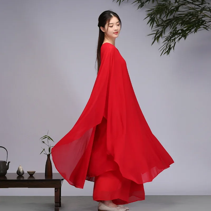 Трехслойный большой шифоновый чайный костюм женский комплект из брюк с широкими