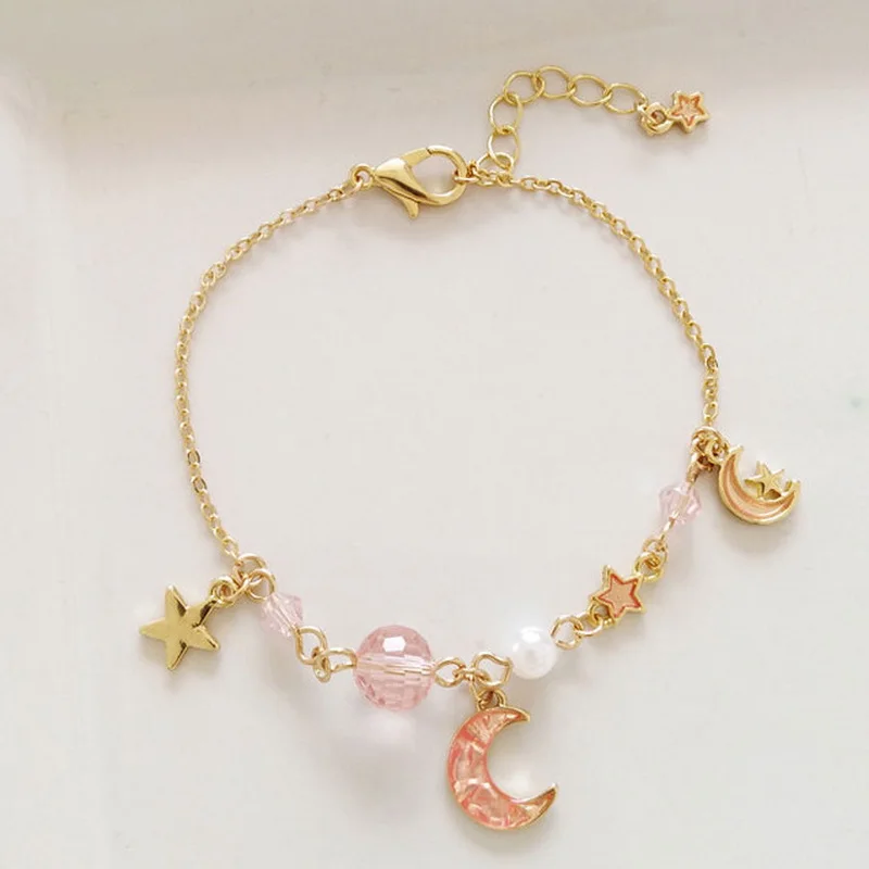 

Korean Style Elegant Enamel Star Moon Pendant Chain Bracelets for Women Simple Crystal Beads Friendship Bracelets Party Jewelry