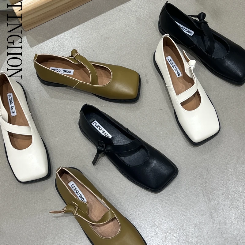 

TINGHON Korea Style Women Flat Women's Square Toe Retro Single Shoes Buckle Shallow Mouth Mary Jane Shoes Sandals 04