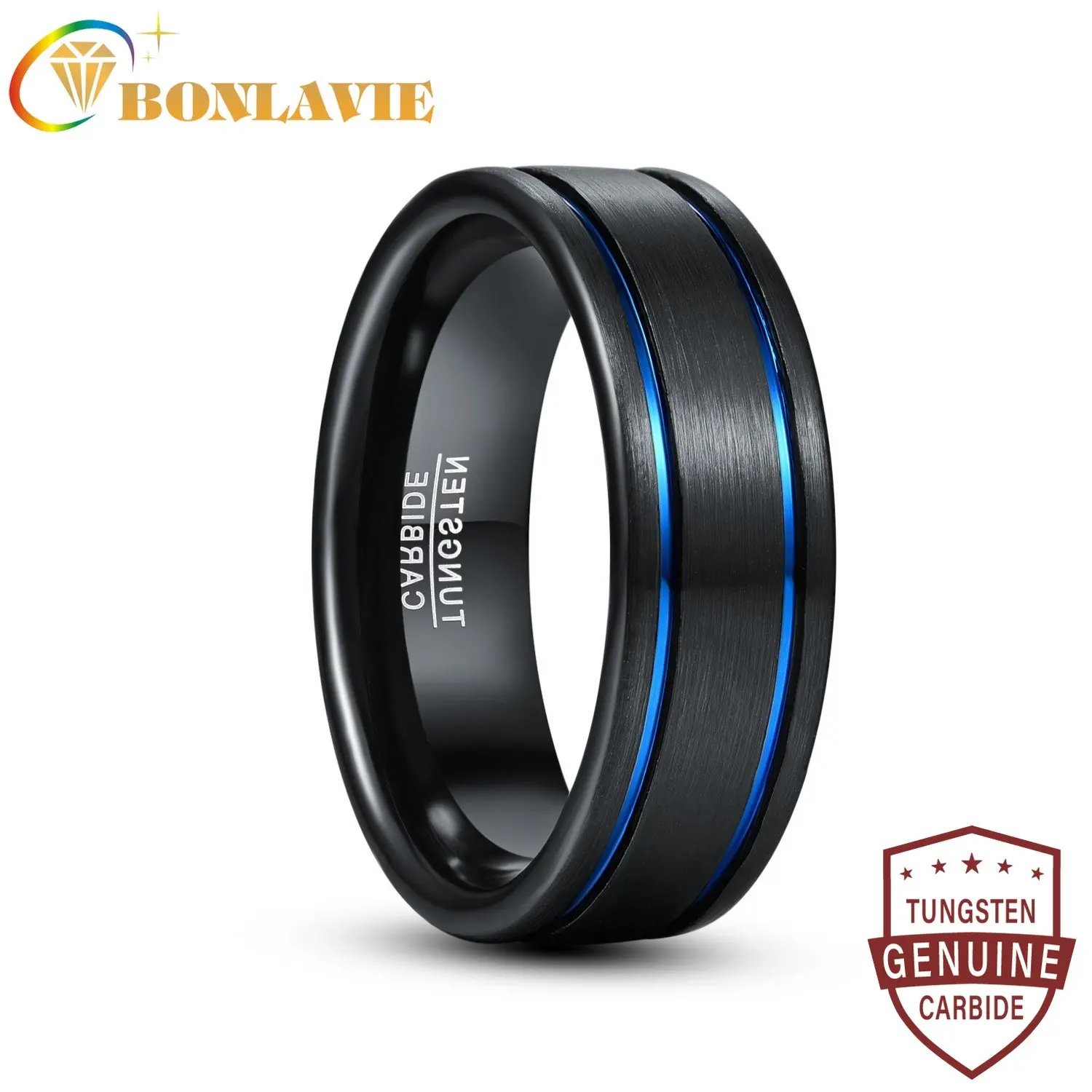 

BONLAVIE Retro Round Blue Circle Groove Men Tungsten Carbide Rings Black High Polish Tungsten Ring Bijoux de Luxe AAA Quality