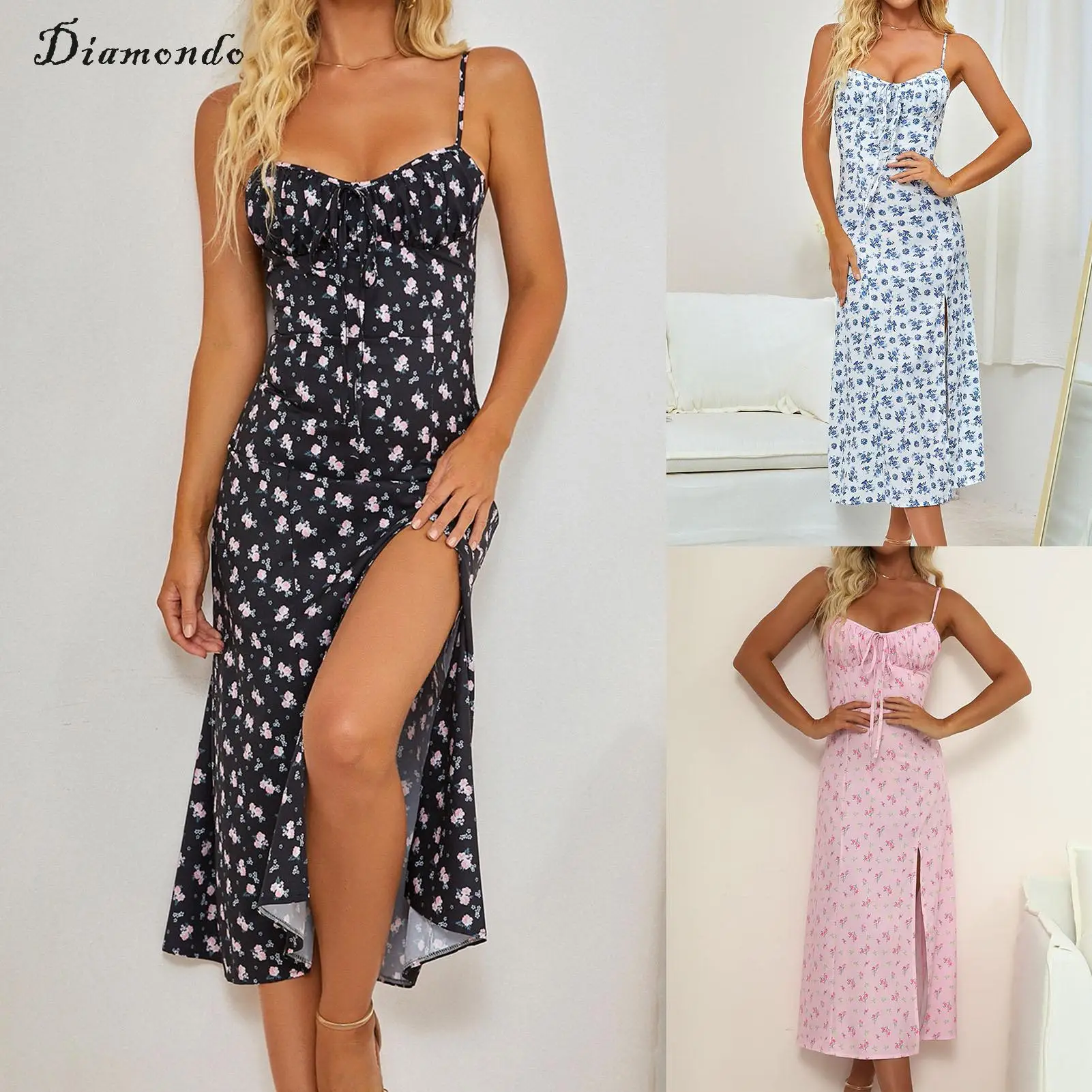 

Women Beach Sundress Dresses Casual Floral Spaghetti Strap Bodycon Maxi Dress Sexy Split Hem Slim Fit Zipper Daily Wear
