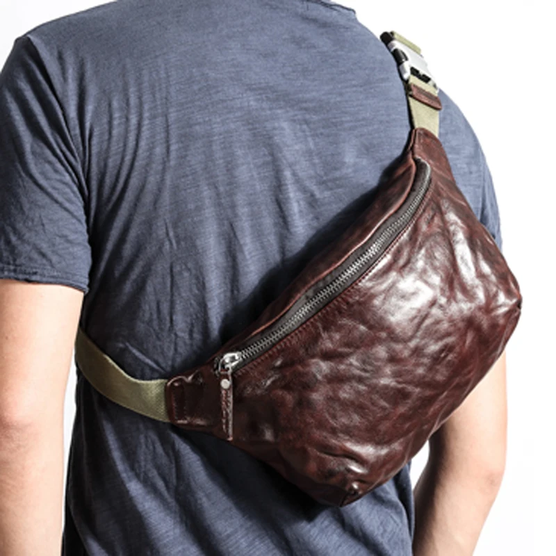 AETOO  Leather cowhide chest bag men's retro motorcycle messenger shoulder bag waist bag texture armpit bag
