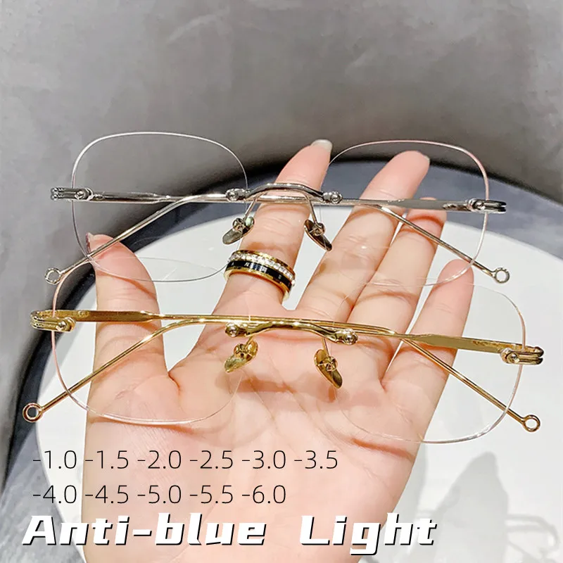 

Anti-blue Light Myopia Glasses Unisex Square Frameless Ultra-light Metal Thin Temples Women and Man High Quality Eyeglasses -6.0