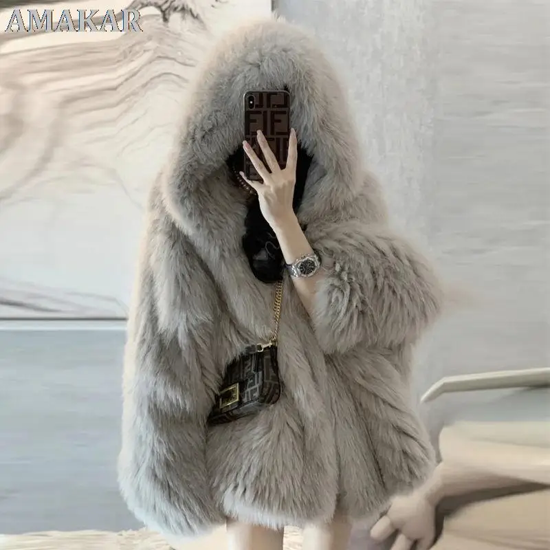 

Women 2021 Autumn Winter New Faux Fur Hooded Coats Female Imitation Fox Fur Plush Jackets Ladies Solid Loose Warm Outwear