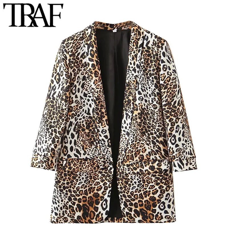 

TRAF Women Fashion Leopard Print Open Blazer Coat Vintage Long Sleeve Flap Pockets Female Outerwear Chic Veste Femme