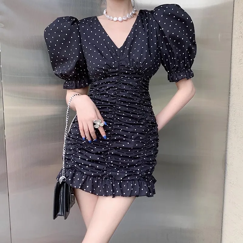 

Vintage Polka Dot Dress Women Sexy V-neck Pleated High Waisted Ruffled Buttocks Wrapped Mini Dress Bubble Sleeve Summer Dress
