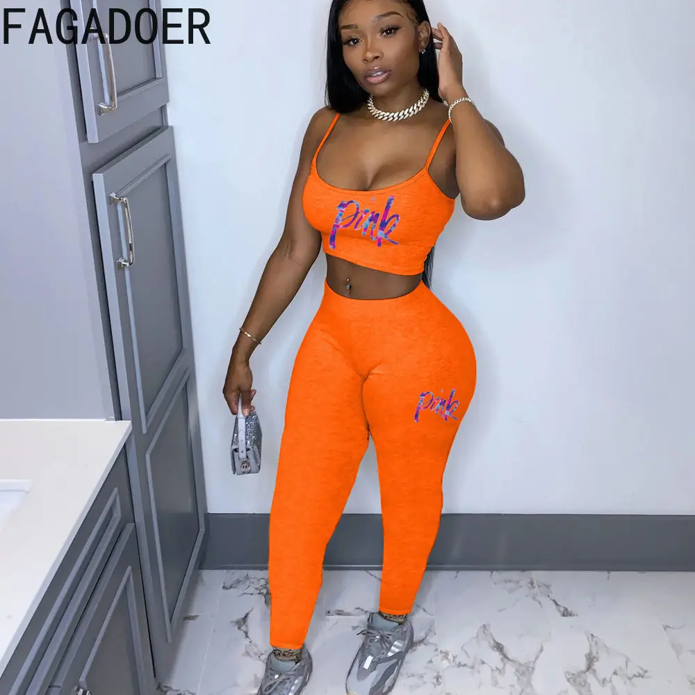 

FAGADOER Fashion Streetwear Women Two Pieve Sets Tracksuits Female Sleeveless PINK Letter Print Crop Top And Skinny Pants Outfit