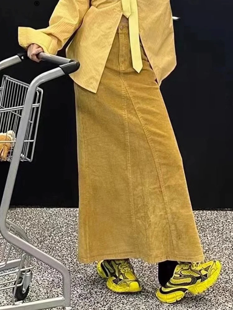 

Женская джинсовая юбка в стиле пэчворк [EWQ], желтая облегающая юбка до середины икры с высокой талией в уличном стиле, новинка осенне-зимнего сезона 2023, 16U4494