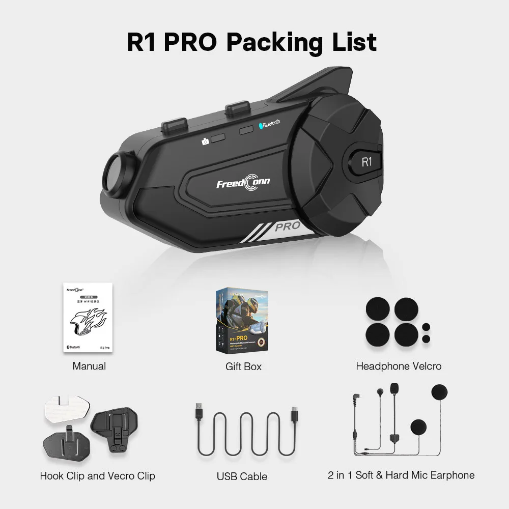 

Гарнитура для мотоциклетного шлема Freedconn R1 PRO, водонепроницаемая, 1440P, Wi-Fi