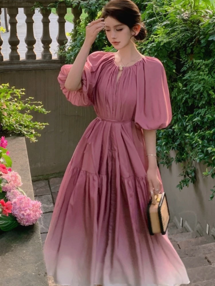 

Elegant Midi Dress Women Autumn Trend Pink Gradient V-Neck Puff Sleeve Lace Up Loose Fashion Female Clothing Robe Vestidos