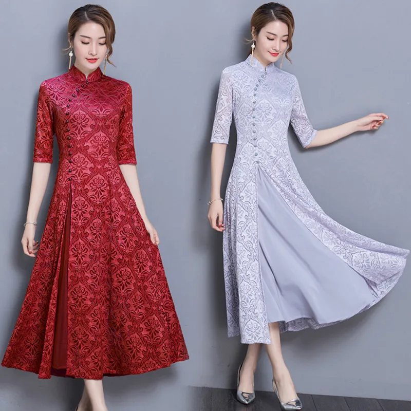 

Women Ao Dai Lace Qipao Spring Summer Modern Improve Cheongsam Chinese Dress Long Qi Pao Party Vintage Elegant Female Dress New