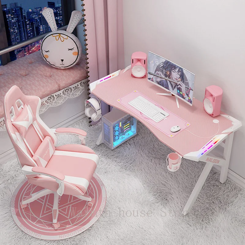 

2023 NEW Pink gaming desk chair set girls gamer live combination office desk computer desk PC table fashion lovely RGB desk