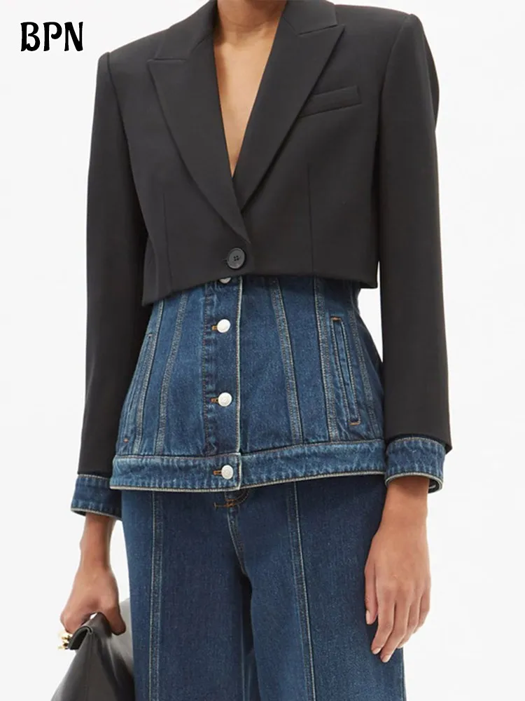 

BPN Patchwork Denim Blazer For Women Notched Collar Long Sleeve Hit Color Spliced Single Breasted Blazers Female Clothing New