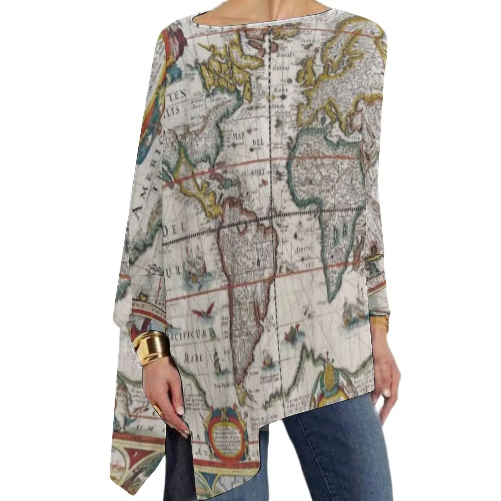 

Футболка женская с изображением карты земли, элегантная дизайнерская рубашка оверсайз с длинным рукавом, с принтом карты мира в античном стиле, подарок на день рождения
