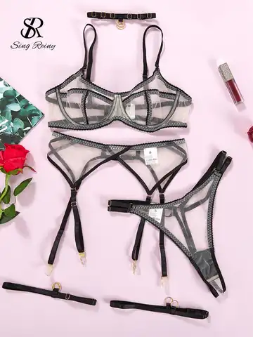 SINGREINY Sensual Transparent Women Underwear Suits 2023 Backless Sheath Erotic Shapewear Slim Lingerie Mesh Sexy 3 Pieces Suit