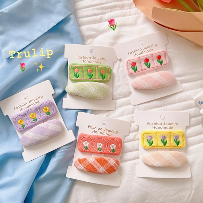 

2 Pcs Vintage Embroidered Flower Hairpins Lovely Fresh Girls Cloth Plaid BB Clip Baby Floral Clip Set Children Hair Accessories